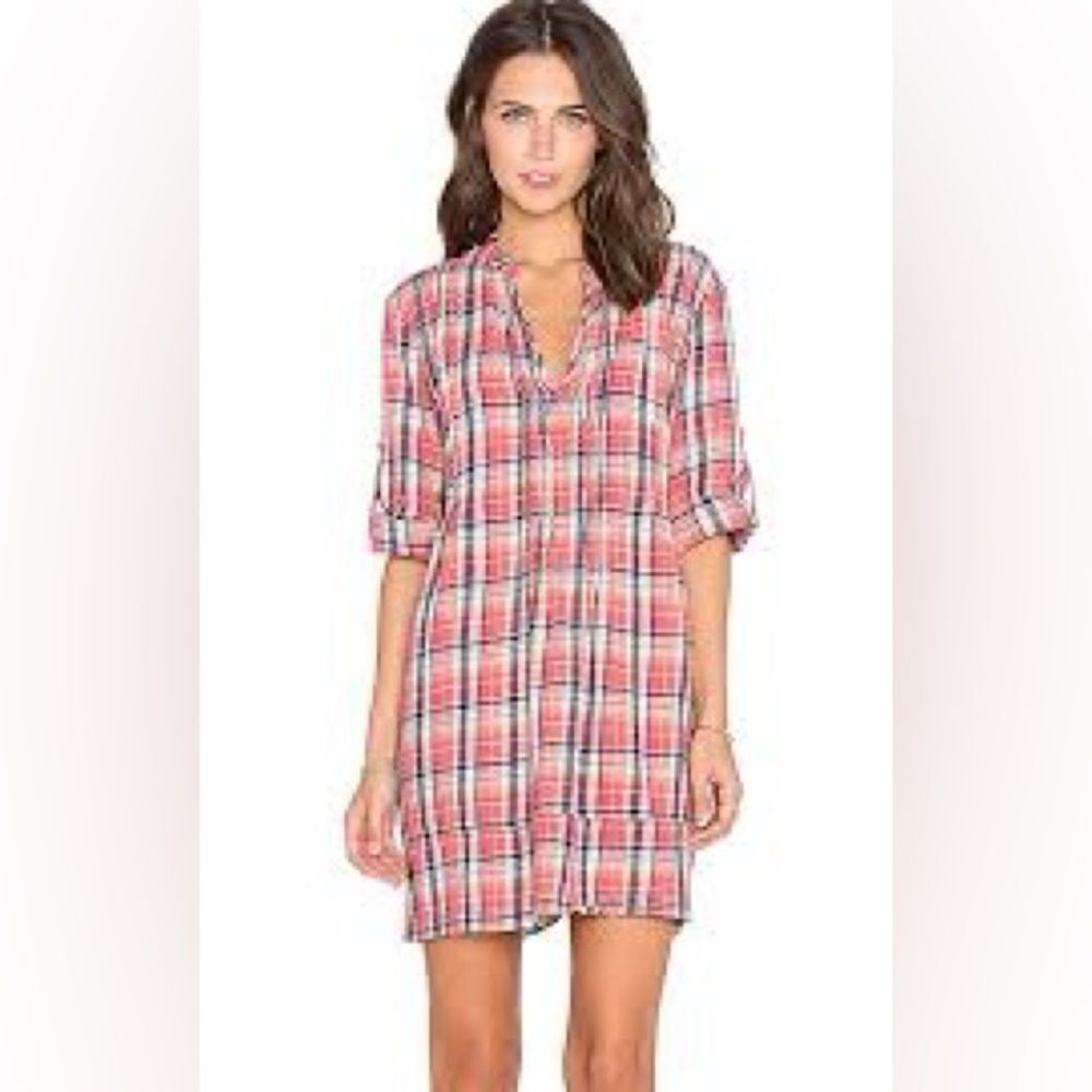 CP Shades Red Plaid Cowgirl USA Linen Cotton Regina Tunic Shirt Dress Medium